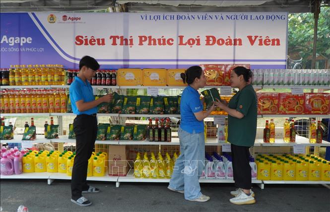 Nhiều hàng hóa với giá ưu đãi, khuyến mãi bày bán tại phiên chợ đưa hàng Việt về Khu Công nghiệp Sa Đéc. Ảnh: Nhựt An - TTXVN