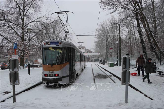 Tàu điện ở thủ đô Brussels di chuyển bị ảnh hưởng do tuyết rơi dày. Ảnh: Hương Giang - PV TTXVN tại Bỉ