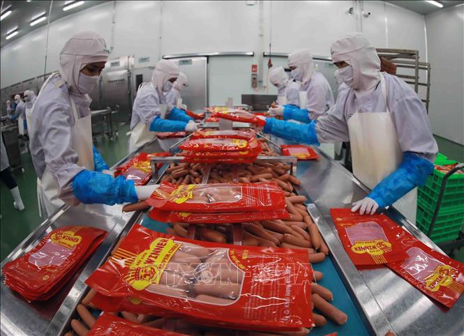 Đóng gói sản phẩm xúc xích tại nhà máy của Công ty Cổ phần Chăn nuôi C.P Việt Nam ở Khu Công nghiệp Phú Nghĩa (Hà Nội). Ảnh: Vũ Sinh - TTXVN