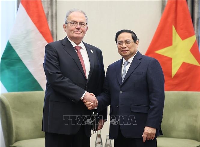 Prime Minister Pham Minh Chinh receives Chairman of the Hungarian Workers Party Gyula Thürmer. VNA Photo: Dương Giang