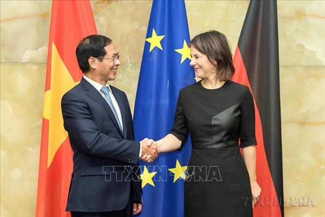 Bộ trưởng Ngoại giao Bùi Thanh Sơn hội đàm với Bộ trưởng Ngoại giao Đức Annalena Baerbock trong chuyến thăm chính thức CHLB Đức từ ngày 26 đến 27/9/2022. Ảnh: Mạnh Hùng - TTXVN 
