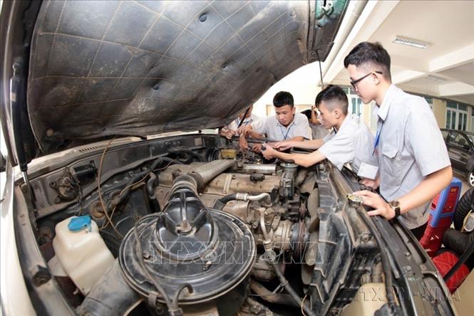 Thực hành sửa chữa ô tô tại Trường Cao đẳng Cơ khí nông nghiệp (Vĩnh Phúc). Hiện nay trường đang đào tạo 7 nghề theo chương trình đào tạo được chuyển giao và đạt trình độ quốc tế: CHLB Đức nghề cắt gọt kim loại, nghề công nghệ ô tô, Australia- nghề Điện tử công nghiệp; Cộng hòa Pháp- nghề Công nghệ ô tô, nghề hàn, nghề cắt gọt kim loại, nghề điện công nghiệp... Ảnh: Anh Tuấn – TTXVN
