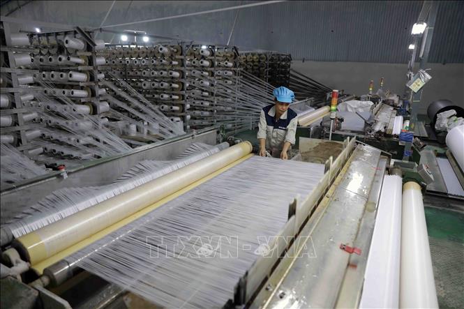 Dệt sản phẩm vải bạt cao cấp xuất khẩu của Công ty Cổ phần toàn cầu xanh ở cụm công nghiệp huyện Lâm Thao. Ảnh: Vũ Sinh - TTXVN