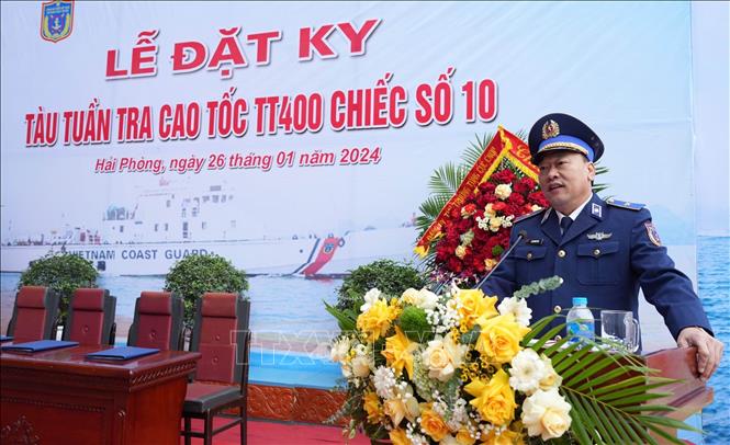 Thiếu tướng Lê Quang Đạo, Tư lệnh Cảnh sát biển Việt Nam phát biểu tại Lễ đặt ky tàu. Ảnh: TTXVN phát
