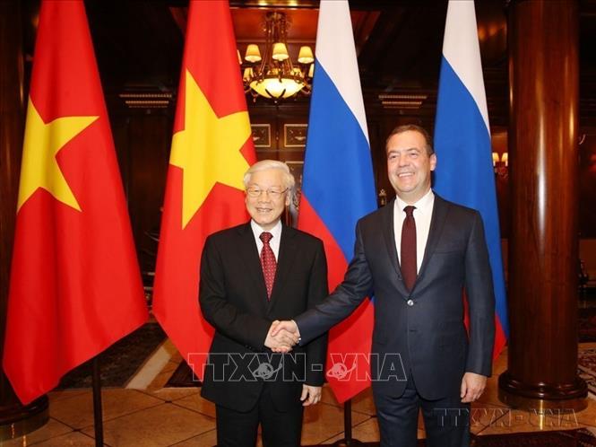 Tổng Bí thư Nguyễn Phú Trọng hội kiến Thủ tướng Liên bang Nga D. Medvedev (Moskva, 2018). Ảnh: Trí Dũng - TTXVN