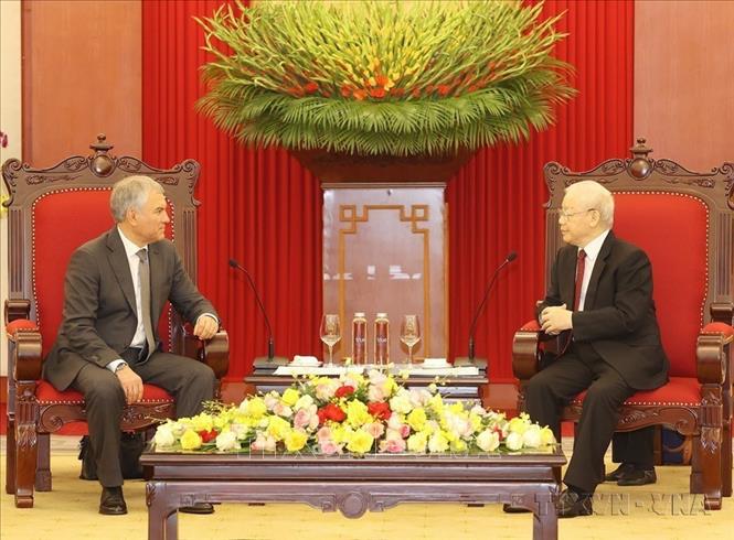 Tổng Bí thư Nguyễn Phú Trọng tiếp Chủ tịch Duma Quốc gia Quốc hội Liên bang Nga Vyacheslav Volodin thăm chính thức Việt Nam (2023). Ảnh: Trí Dũng - TTXVN