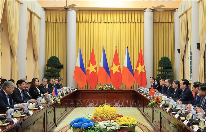 Chủ tịch nước Võ Văn Thưởng hội đàm với Tổng thống Philippines Ferdinand Marcos Jr. Ảnh: Thống Nhất - TTXVN