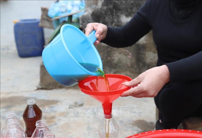 Đóng nước mắm loại đặc biệt vào chai. Ảnh: Xuân Tiến - TTXVN 