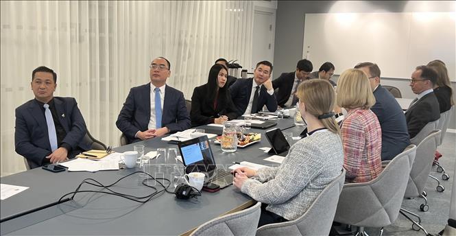 The delegation of the State Audit Office of Vietnam (SAV) has a working session with the Swedish National Audit Office (NAO). VNA/Photo by courtesy