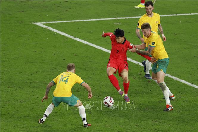 Son Heung-min (số 7) của Hàn Quốc bị kèm chặt bởi các cầu thủ Australia. Ảnh: AFP/TTXVN
