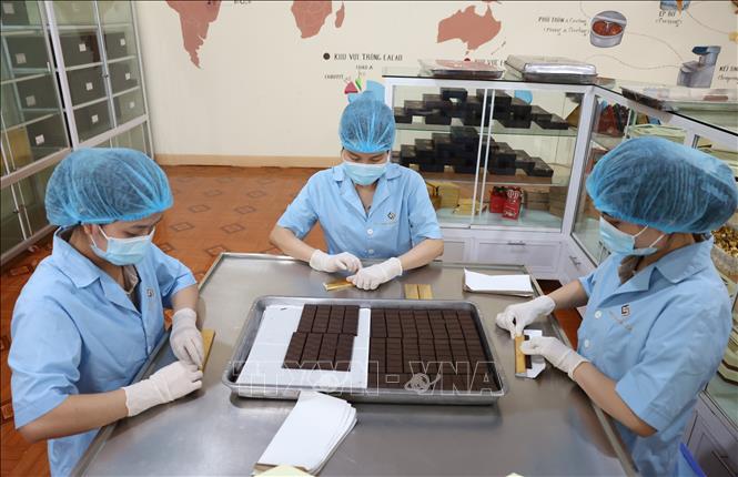Công nhân Công ty TNHH Ca cao Nam Trường Sơn đóng gói thành phầm sản phẩm socola. Ảnh: Tuấn Anh – TTXVN