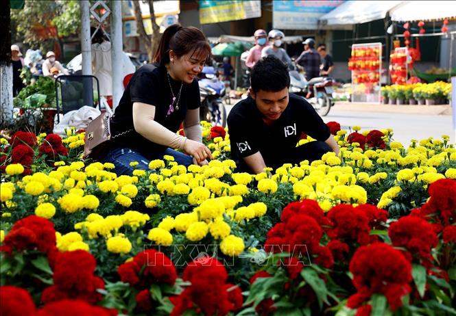 Quầy bán hoa Tết của chị Mỹ Dung ở chợ Tết Đạ Tẻh thu hút đông người dân trong ngày 30 Tết Giáp Thìn 2024. Ảnh: Hồng Đạt - TTXVN
