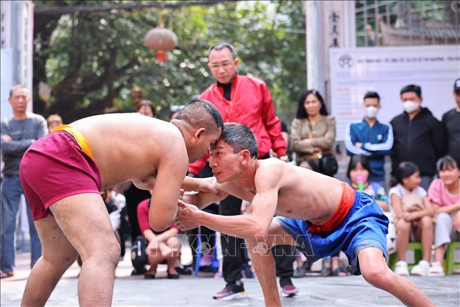 Nét đặc sắc nhất của Lễ hội Vật làng Mai Động là sự quy tụ của nhiều đô vật danh tiếng, từ các bô lão, trung niên, thanh niên đến thiếu niên, nhi đồng. Ảnh: Minh Đức - TTXVN