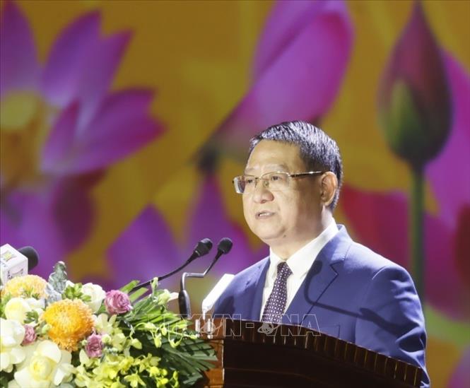 Chủ tịch Ủy ban nhân dân huyện Mê Linh Hoàng Anh Tuấn đọc diễn văn kỷ niệm. Ảnh: Văn Điệp – TTXVN