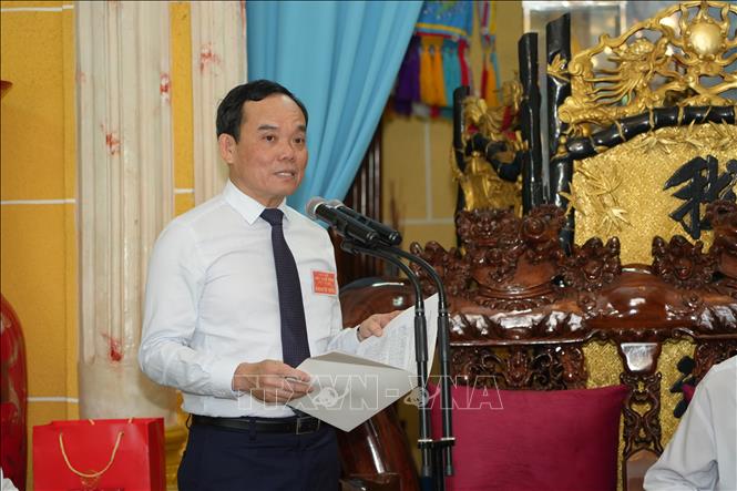 Ủy viên Trung ương Đảng, Phó Thủ tướng Chính phủ Trần Lưu Quang phát biểu chúc mừng Đại lễ Đức Chí Tôn năm Giáp Thìn 2024 của đạo Cao Đài. Ảnh: Minh Phú - TTXVN