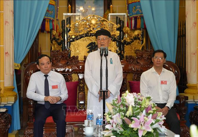 Đầu sư Thượng Tám Thanh, Chưởng quản Hội thánh Cao Đài Tây Ninh phát biểu tại Đại lễ vía Đức Chí Tôn năm 2024. Ảnh: Minh Phú - TTXVN