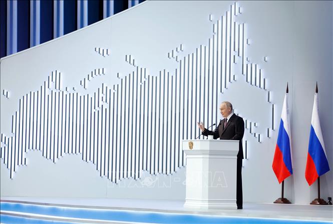 Tổng thống Nga Vladimir Putin trình bày Thông điệp liên bang trước Quốc hội ở Moskva ngày 29/2/2024. Ảnh: AFP/TTXVN