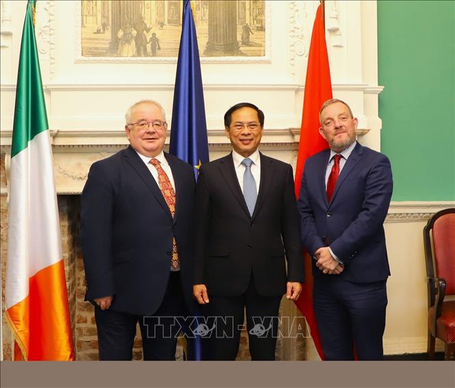 Vietnamese Minister of Foreign Affairs Bui Thanh Son, Cathaoirleach of Seanad Éireann (speaker of the upper house) Jerry Buttimer and Ceann Comhairle of Dáil Éireann (speaker of the lower house) Seán Ó Fearghaíl. VNA Photo: Phong Hà