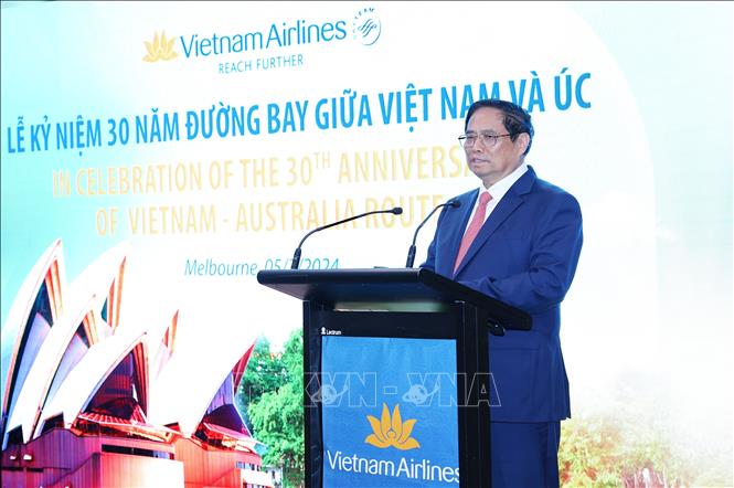 Thủ tướng Phạm Minh Chính phát biểu tại Lễ kỷ niệm 30 năm mở đường bay Việt Nam – Australia của Vietnam Airlines. Ảnh: Dương Giang-TTXVN
