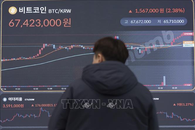 Nhà đầu tư theo dõi biểu đồ giá bitcoin tại Seoul, Hàn Quốc, ngày 13/2/2024. Ảnh: Yonhap/TTXVN