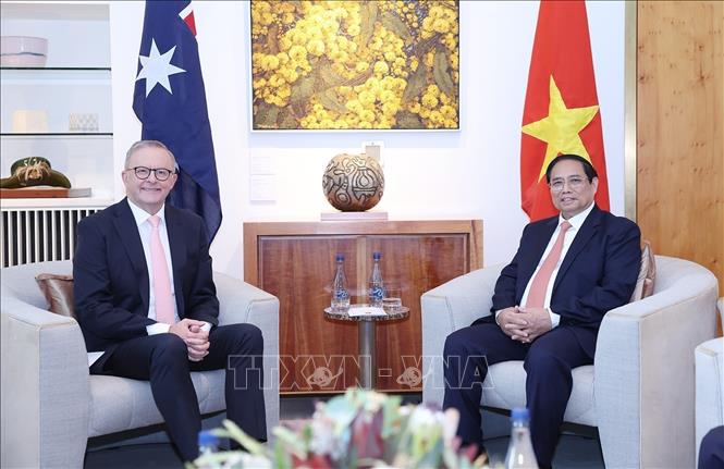 Prime Minister Pham Minh Chinh and his Australian counterpart Anthony Albanese hold talks in Canberra on March 7. VNA Photo: Dương Giang