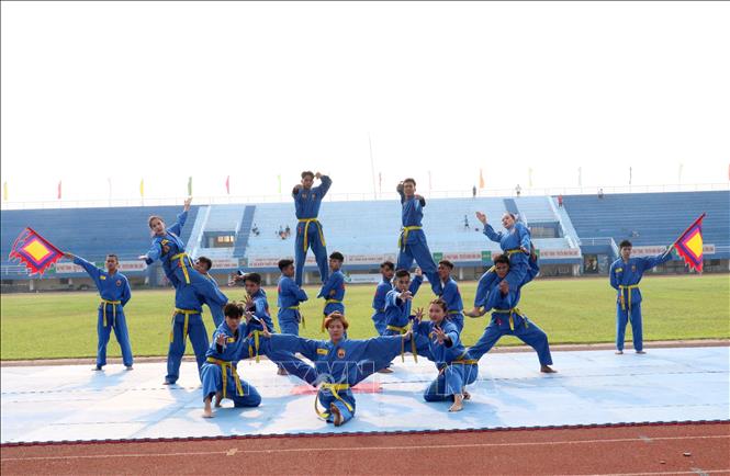 Tiết mục đồng diễn Vovinam tại lễ Khai mạc Hội khoẻ Phù Đổng tỉnh Vĩnh Long lần thứ XIII. Ảnh: Lê Thúy Hằng – TTXVN