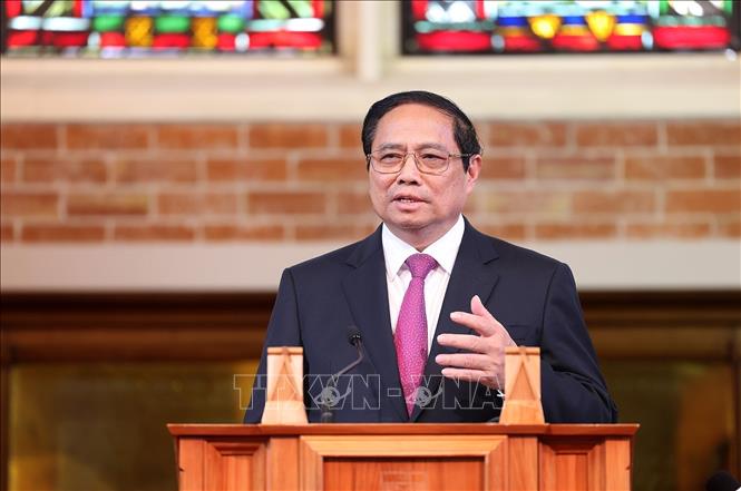 Thủ tướng Phạm Minh Chính phát biểu về chính sách của Việt Nam tại Đại học Victoria. Ảnh: Dương Giang-TTXVN
