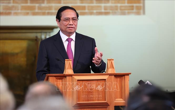 Thủ tướng Phạm Minh Chính phát biểu về chính sách của Việt Nam tại Đại học Victoria. Ảnh: Dương Giang-TTXVN
