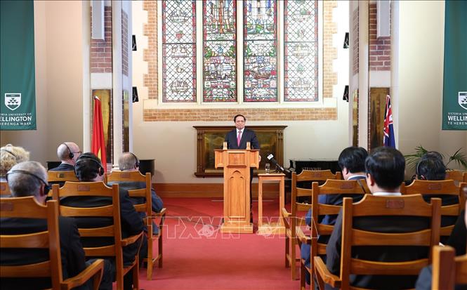 Thủ tướng Phạm Minh Chính phát biểu về chính sách của Việt Nam tại Đại học Victoria. Ảnh: Dương Giang-TTXVN
