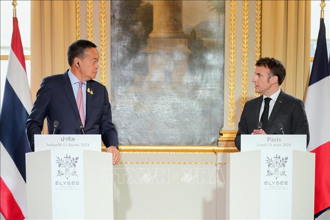 Thủ tướng Thái Lan Srettha Thavisin (trái) và Tổng thống Pháp Emmanuel Macron tại cuộc họp báo ở Paris ngày 11/3/2024. Ảnh: AFP/TTXVN