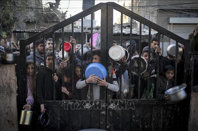 Người dân Palestine chờ nhận thực phẩm viện trợ tại Rafah, miền Nam Dải Gaza ngày 11/3/2024. Ảnh: AFP/TTXVN