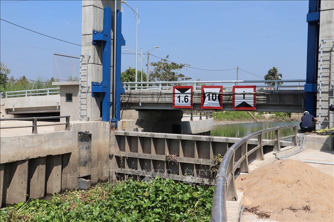 Đóng cống Hai Tân (xã Tam Bình, huyện Cai Lậy) ngăn mặn. Ảnh: Minh Trí - TTXVN