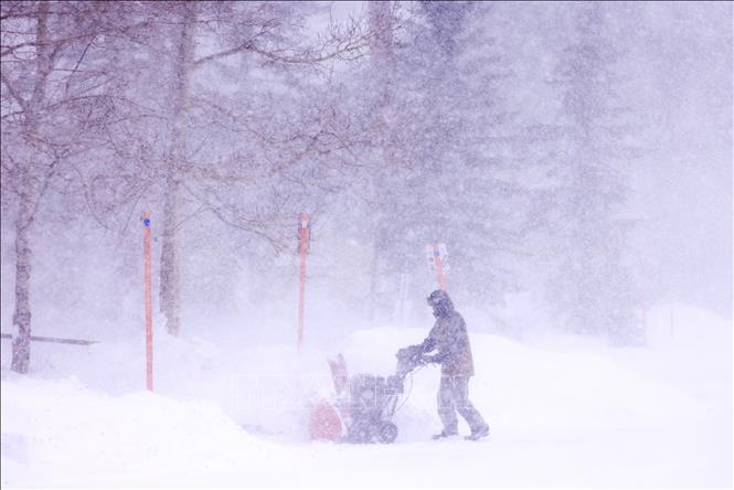 (Tư liệu) Người dân dọn tuyết tại Mammoth Lakes, California, Mỹ, ngày 2/3/2024. Ảnh: AFP/TTXVN