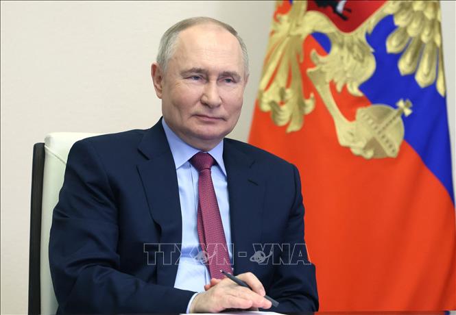 Tổng thống Nga đương nhiệm Vladimir Putin dự một phiên họp trực tuyến tại ngoại ô Moskva, ngày 14/3/2024. Ảnh: AFP/TTXVN