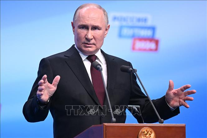 Tổng thống Nga Vladimir Putin trong cuộc họp báo tại Moskva sau khi kết quả bầu cử được công bố, ngày 18/3/2024. Ảnh: AFP/TTXVN

