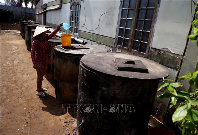 Hầu hết các hộ gia đình Bến Tre đều có sẵn đồ trữ nước ngọt xếp thành hàng gọi là hồ nước bê tông. Ảnh: Hồng Đạt - TTXVN
