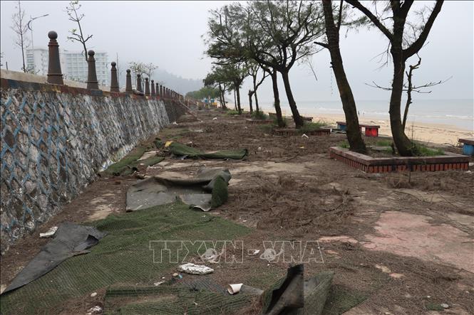 Phía trên vỉa hè, các loại lá cây, rác vật liệu cũng ngổn ngang, tạo nên khung cảnh nhếch nhác cho khu du lịch biển Thiên Cầm. Ảnh: Hoàng Ngà - TTXVN