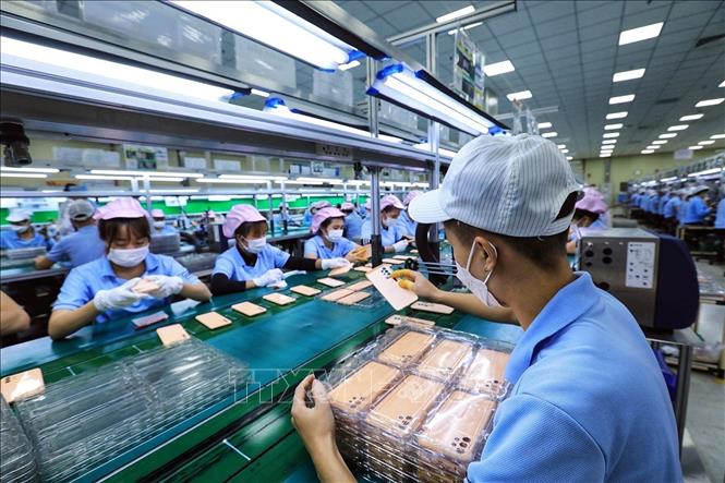 Sản xuất linh kiện điện thoại tại Công ty Samkwang Co.,Ltd. Ảnh: Tuấn Anh - TTXVN