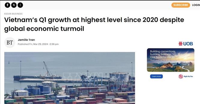 Bài viết đăng tải trên trang mạng tờ The Business Times tại địa chỉ https://www.businesstimes.com.sg/international/asean/vietnam-s-q1-growth-highest-level-2020-despite-global-economic-turmoil, ngày 29/3/2024. Ảnh: TTXVN phát
