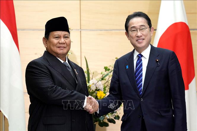 Tổng thống đắc cử Indonesia Prabowo Subianto (trái) và Thủ tướng Nhật Bản Fumio Kishida trong cuộc gặp ở Tokyo ngày 3/4/2024. Ảnh: AFP/TTXVN