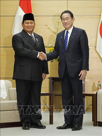 Tổng thống đắc cử Indonesia Prabowo Subianto (trái) và Thủ tướng Nhật Bản Fumio Kishida tại cuộc gặp ở Tokyo ngày 3/4/2024. Ảnh: Kyodo/TTXVN