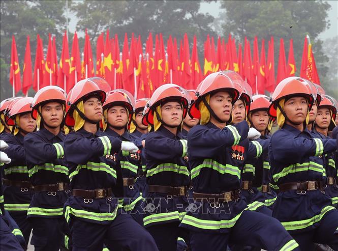 Khối Cảnh sát PCCC tham gia hợp luyện. Ảnh: Trọng Đức - TTXVN