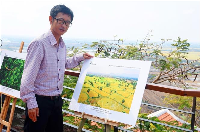 Tác giả Dương Việt Anh với tác phẩm “Cánh đồng lúa chín ở thị xã Tịnh Biên” Top 7 cảnh đẹp bất ngờ nhìn từ không trung năm 2023. Ảnh: TTXVN phát
