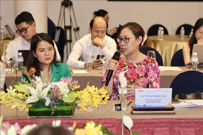 Bà Tô Thị Tường Lần, Phó Tổng thư ký Hiệp hội Chế biến và Xuất khẩu Thuỷ sản Việt Nam phát biểu tại hội thảo. Ảnh: Thanh Vũ - TTXVN 