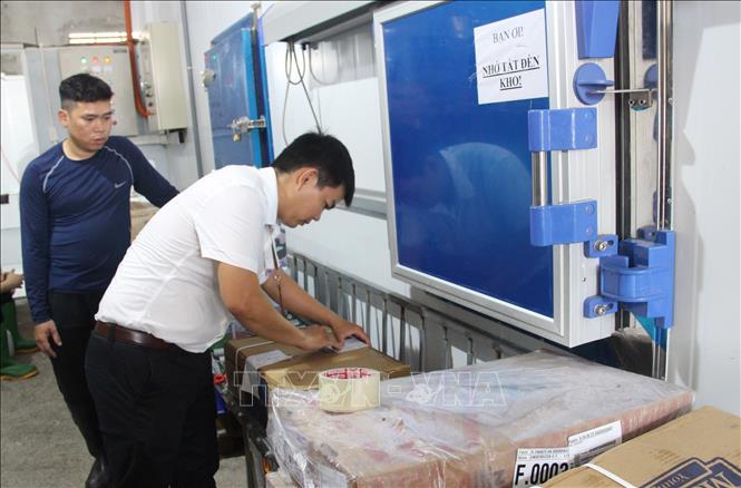 Cán bộ trong đoàn kiểm tra liên ngành về an toàn thực phẩm tỉnh Khánh Hòa niêm phong mẫu cánh gà và đùi gà để làm các kiểm nghiệm thực phẩm có liên quan, sáng 8/4. Ảnh: Phan Sáu -TTXVN