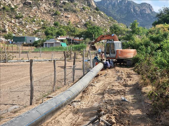 Đơn vị thi công đẩy nhanh tiến độ lắp đặt hệ thống đường ống chuyển nước từ hệ thống thủy lợi Tân Mỹ về bổ sung cho hồ Ông Kinh (xã Nhơn Hải, huyện Ninh Hải). Ảnh: Nguyễn Thành – TTXVN