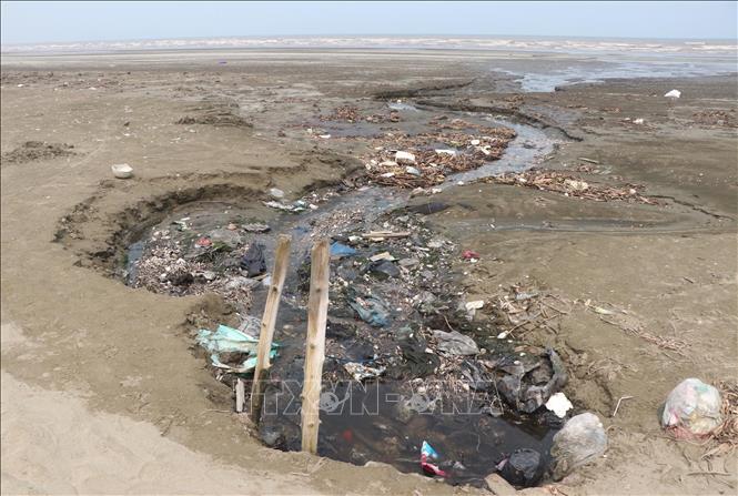 Lượng nước xả thải của quá trình sơ chế đổ ra bãi biển hàng ngày rất lớn, khiến bờ biển bị xói lở, biến dạng mạnh. Ảnh: Xuân Tiến - TTXVN 