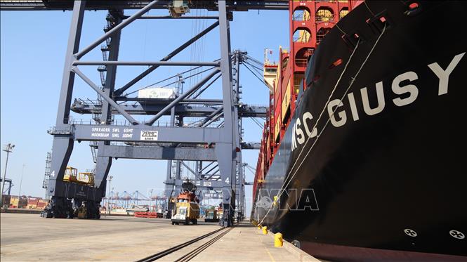 Tàu MSC Giusy có trọng tải hơn 170.000 DWT, mớn nước 16 mét làm hàng tại Cảng quốc tế SP-SSA sáng 11/4/2024. Ảnh: Huỳnh Sơn - TTXVN