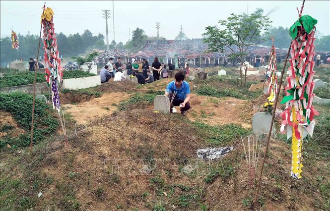 Những ngôi mộ sẽ được phát cỏ dại, quét dọn sạch sẽ và trang trí lại những cây nêu treo dải băng bằng giấy màu được cắt tỉa cầu kỳ. Ảnh: Nguyễn Công Hải – TTXVN
