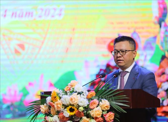 Ông Lê Quốc Minh, Phó Trưởng Ban Tuyên giáo Trung ương, Tổng Biên tập Báo Nhân Dân, Chủ tịch Hội Nhà báo Việt Nam, phát biểu. Ảnh: Xuân Tư - TTXVN 
